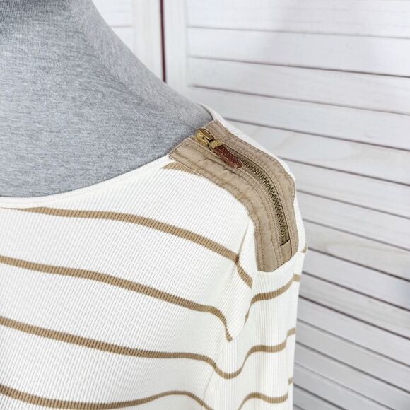 Lauren Ralph Lauren Striped Elbow Patch Ribbed Knit T Shirt Cream Tan Large - Picture 5 of 11